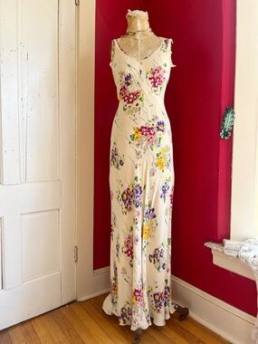 Vintage Betsey Johnson Cream & Whimsical Spring Floral Rayon Bias Cut Dress XS/S